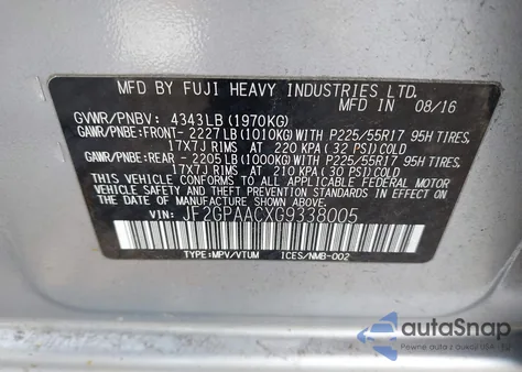 2016 Subaru Crosstrek 2.0I z USA, uszkodzony, nr VIN JF2GPAACXG9338005